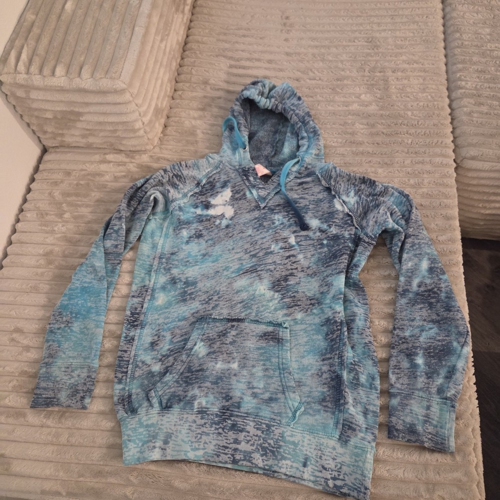 MV Sport Courtney Women M Blue Burnout Tie Dye V Notch Hoodie Sweatshirt Pocket